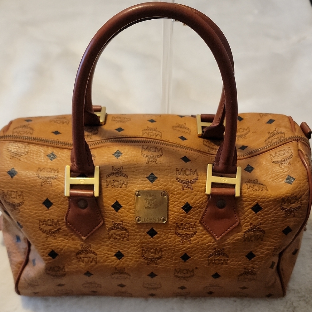 MCM Cognac and Black Large Visetos Monogram Boston Bag #J4651